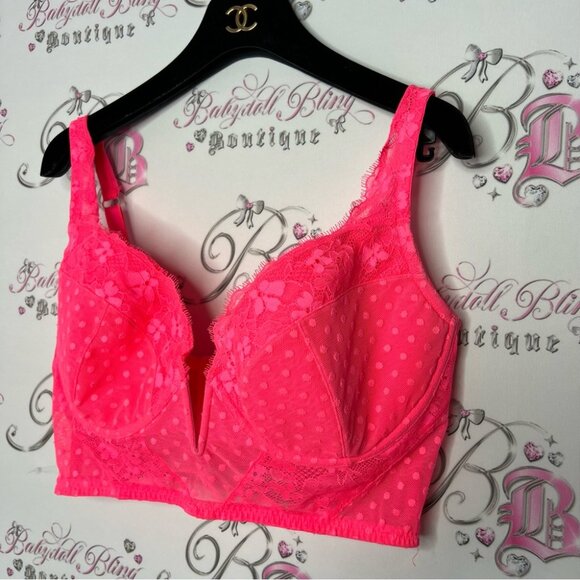 Victoria secret crop tank bra bralette lace neon pink v opening front dotted - Picture 5 of 9